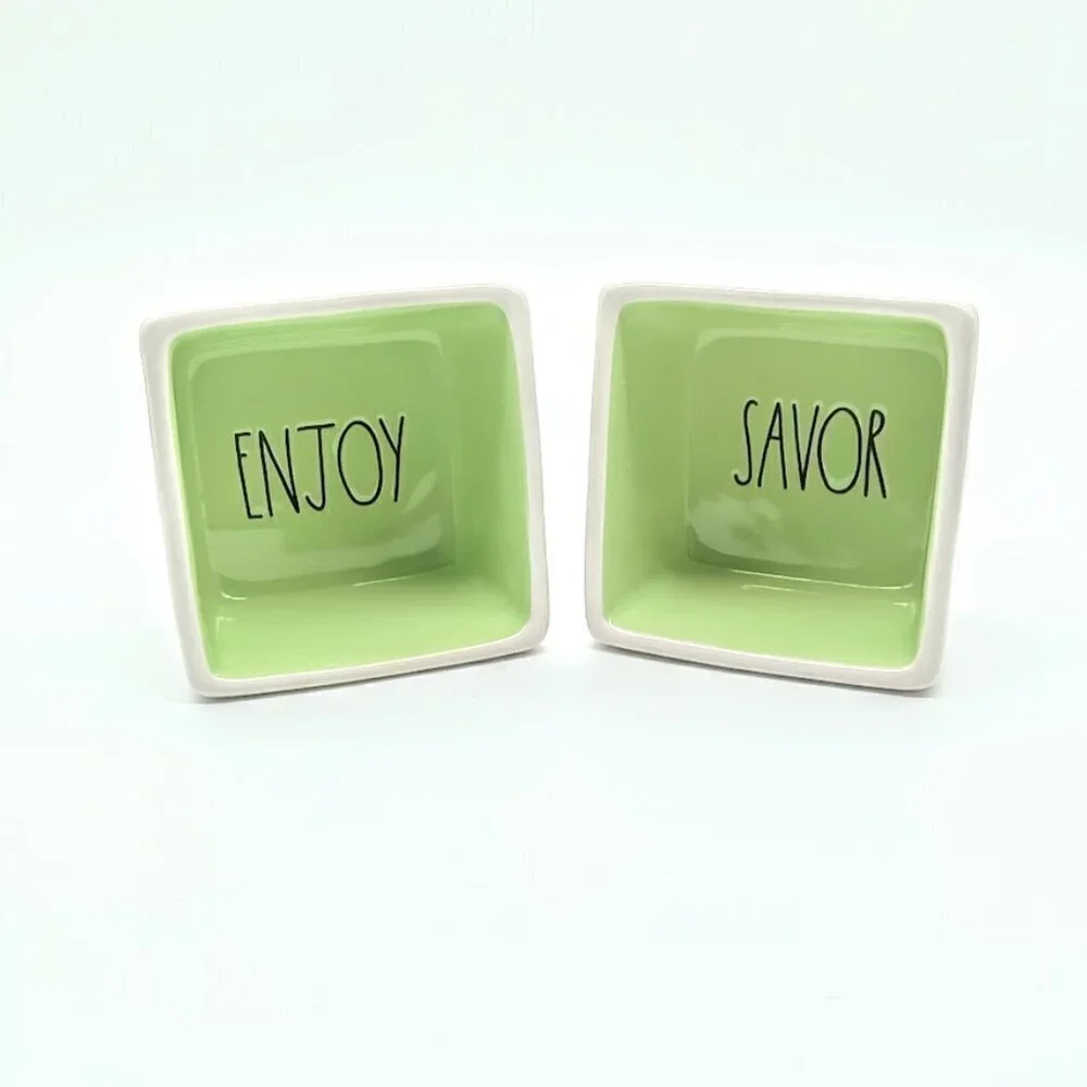 Rae Dunn Green Savor Enjoy Square Ceramic Stoneware Bowls